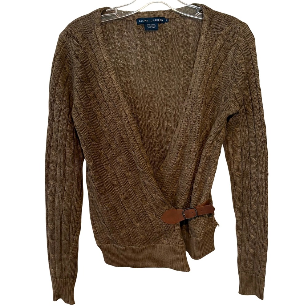 Ralph Lauren Blue Label Women's Olive Linen Cable Knit Cardigan in Size S